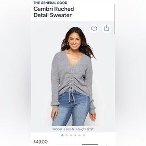 The General Good Gray Blue V-Neck Sweater with Ruched Detail